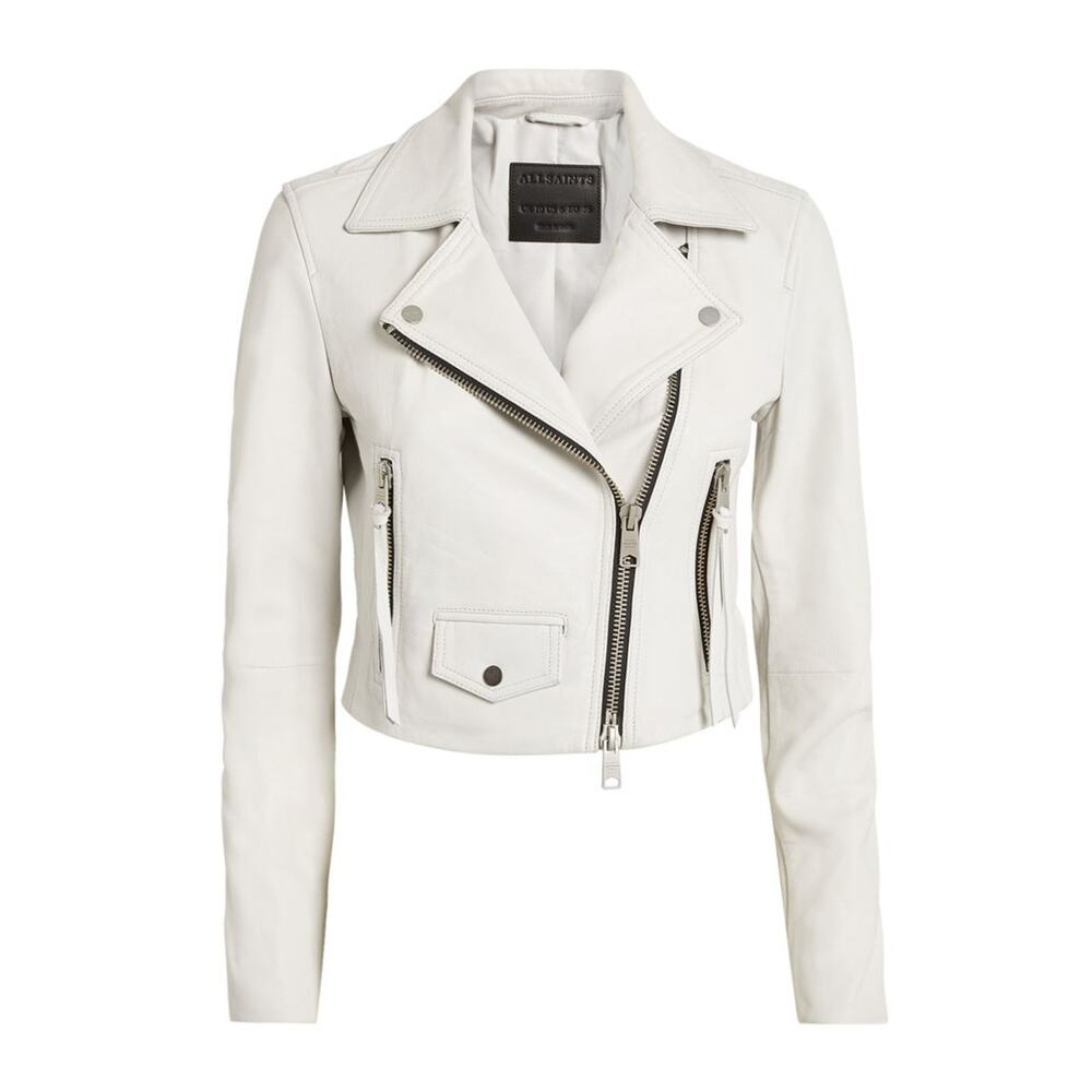 All Saints White Elora Cropped Lambskin Leather Biker Jacket